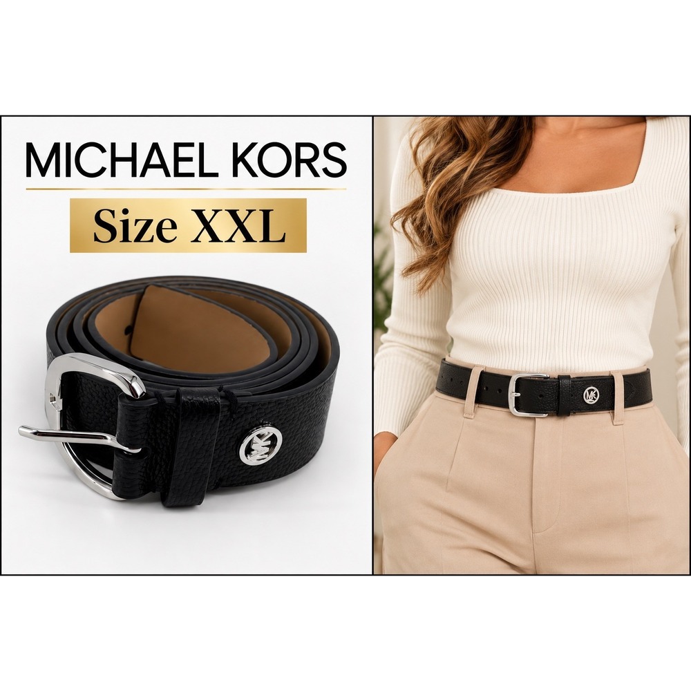 Michael Kors Women's XXL Black Genuine Leather Belt Silver MK Logo 48" Office